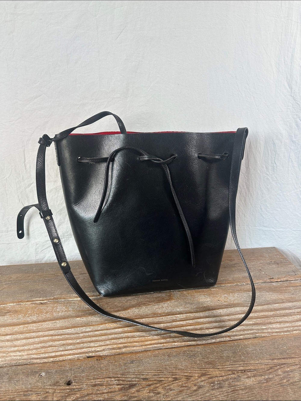 Mansur Gavriel Black Leather Drawstring Shoulder Bag with Red Trim